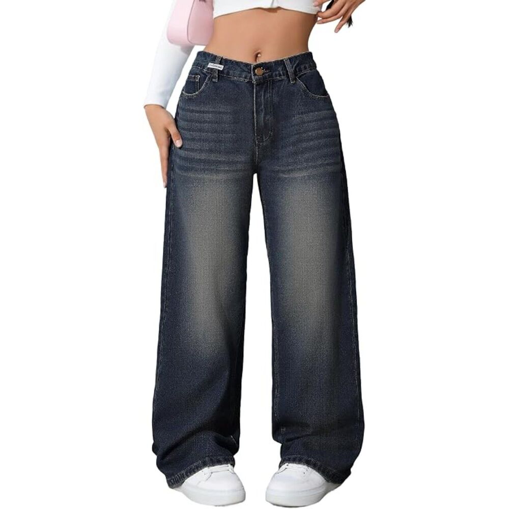 Women's Baggy Y2K Wide Leg Elastic Waist Low Mid Rise Jeans | XL